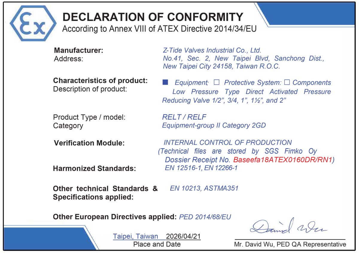 Valvola di riduzione della pressione Z-Tide a bassa pressione certificata ATEX Valvola di riduzione della pressione Z-Tide a bassa pressione certificata ATEX
