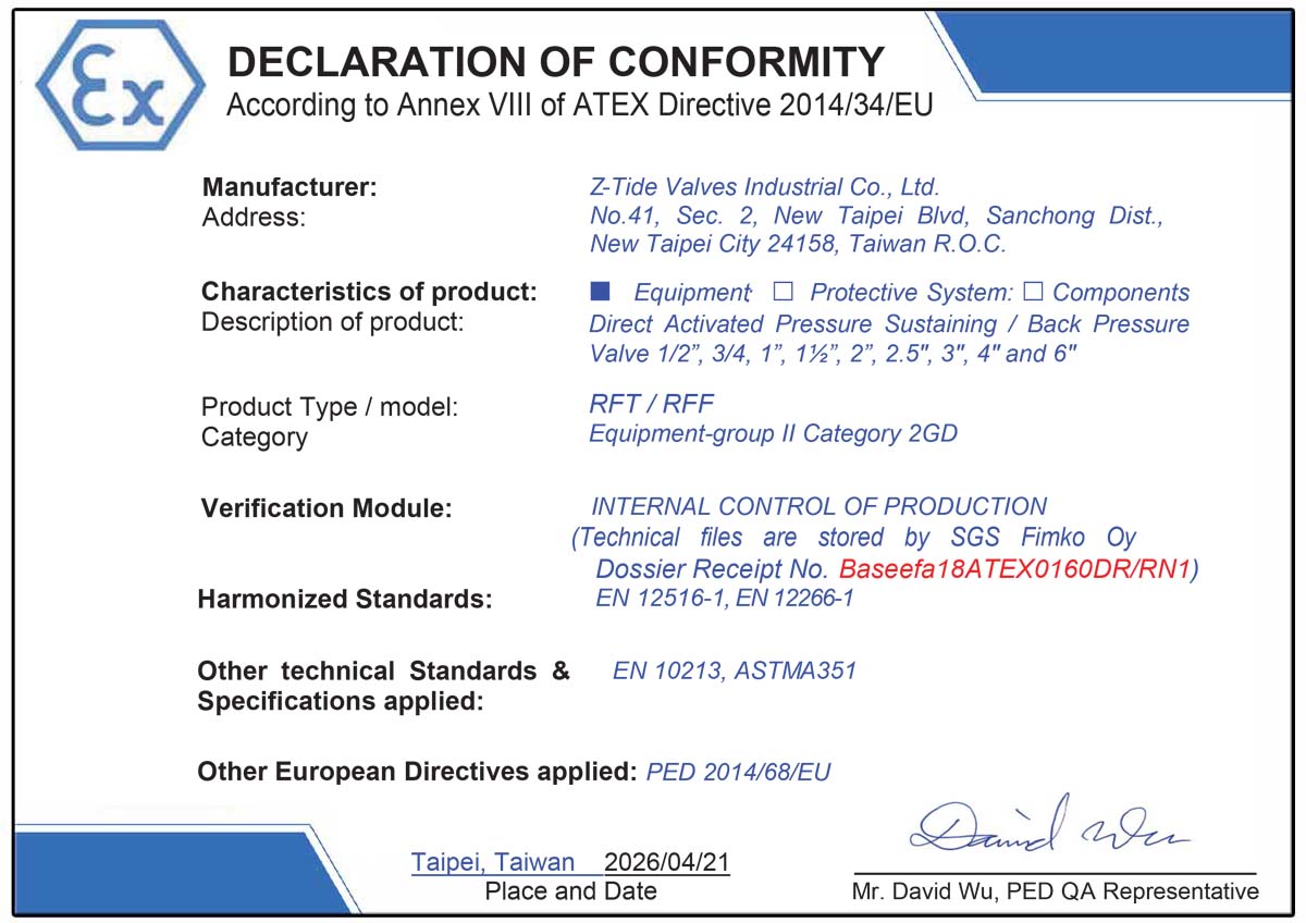 Valvola di mantenimento della pressione ad azione diretta Z-Tide certificata ATEX Valvola di mantenimento della pressione ad azione diretta Z-Tide certificata ATEX