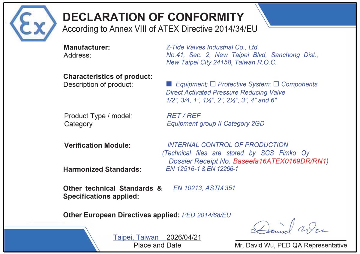 Valvola di riduzione della pressione ad azione diretta Z-Tide in acciaio inossidabile 316 certificata ATEX